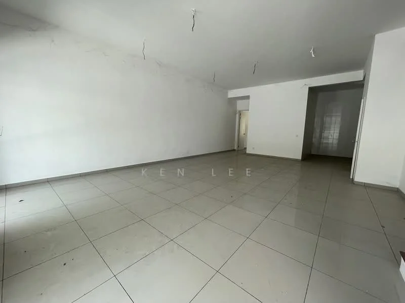 Room features: white painted walls, tile flooring, high ceiling, no visible fixtures or furniture, natural light from windows, neutral color scheme, minimal decor, open layout; style: modern.