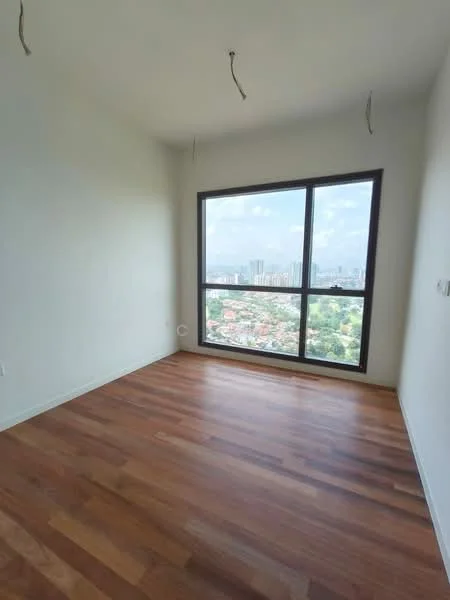 Bedroom features: wooden flooring, white painted walls, floor-to-ceiling windows, city view, no ceiling light fixtures, no visible furniture; view: city.