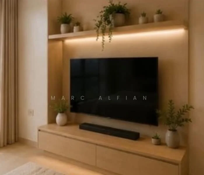 Living features: wall-mounted TV, wooden TV console, light wood cabinetry, shelf above TV, LED strip lighting, decorative plants in pots, light-colored walls, neutral-toned flooring, curtains, minimalist decor; style: modern.