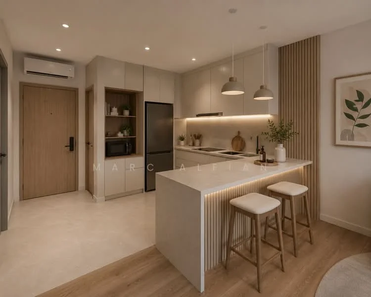 Kitchen features: island countertop with bar seating, stainless-steel sink, chrome pull-down faucet, built-in induction cooktop, built-in oven, black refrigerator, white cabinetry with flat-panel design, wooden accent wall, recessed LED downlights, pendant lights above island, cream-colored walls, light-colored tile flooring, open shelving, decorative plants, wall-mounted air conditioning unit; style: modern.