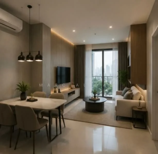 Living features: sofa in light beige fabric, 3-seater sofa, coffee table with round top, TV console with wall-mounted TV, dining table for 4 with upholstered chairs, pendant lighting above dining table, recessed downlights, floor-to-ceiling windows, curtains in light fabric, decorative plants in ceramic pots, area rug with neutral tones, wooden cabinetry, wall-mounted shelving, polished tile flooring; style: modern; view: city.