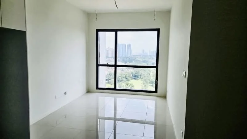 Room features: white painted walls, glossy ceramic tile flooring, large floor-to-ceiling window, city view, minimalist design, no visible furniture, exposed ceiling with hanging wires; style: modern; view: city.