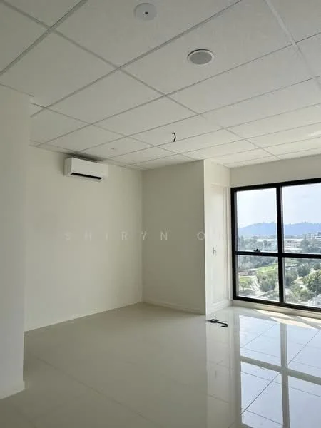 Room features: white painted walls, ceiling tiles, 1 wall-mounted split AC, large floor-to-ceiling window, glossy tile flooring, recessed ceiling lights; style: modern; view: mountain.