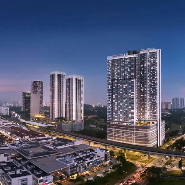 Exterior type: high-rise condominium; features: glass curtain wall, illuminated facade, recessed balconies, surrounded by urban landscape, multiple high-rise buildings, city skyline in background, near transportation line, nighttime view, manicured landscaping at base; style: modern.