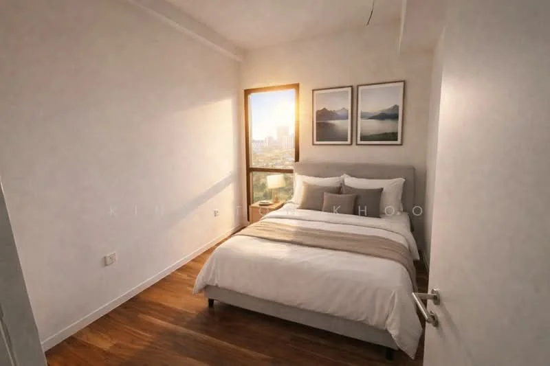 Bedroom features: queen-size bed with white bedding, wooden flooring, large window with city view, three framed artworks on wall, white painted walls, curtains, nightstand, table lamp; style: modern; view: city.