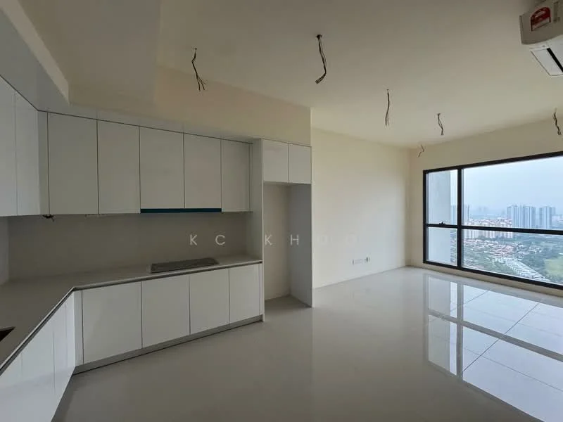 Kitchen features: white cabinetry, grey countertop, stainless-steel sink, built-in kitchen appliances, open layout, wall-mounted air conditioning unit, large window with city view, glossy tile flooring; style: modern; view: city. Living features: large window, glossy tile flooring, neutral painted walls, exposed ceiling with electrical wiring; style: modern; view: city.