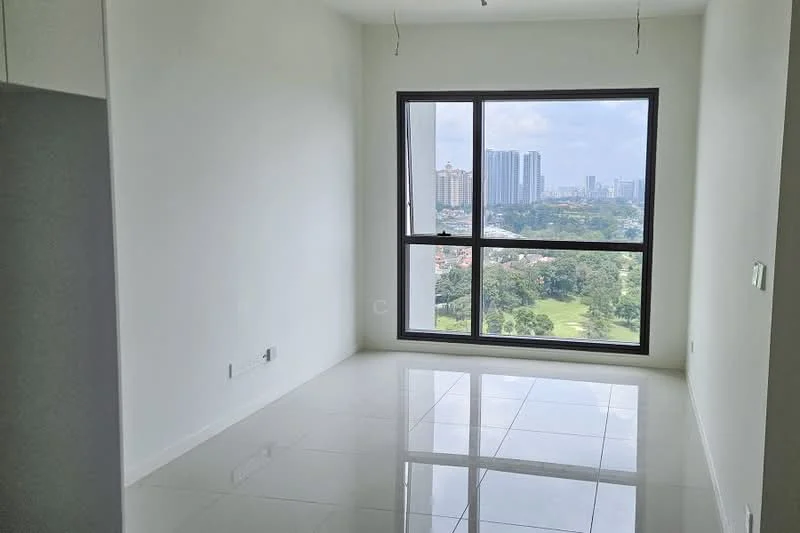 Room features: white painted walls, glossy tile flooring, floor-to-ceiling windows, city view, natural light, no visible furniture, minimalist design, high ceiling; style: modern; view: city.