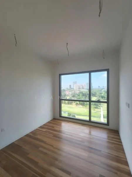 Room features: large floor-to-ceiling window, wooden flooring, white painted walls, no visible ceiling fixtures, view of greenery and city skyline; style: modern; view: city.