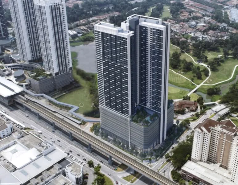 Exterior type: high-rise condominium; features: glass curtain wall, recessed balconies, landscaped rooftop garden, surrounded by greenery, proximity to golf course, multi-storey structure, urban context with nearby roads, modern architectural design; style: modern.