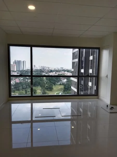 Room features: large floor-to-ceiling windows, white painted walls, glossy ceramic tile flooring, recessed ceiling lights, view of city skyline, open space layout; style: modern; view: city.