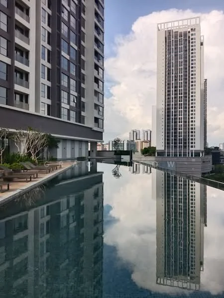 Exterior type: high-rise condominium; features: infinity pool, pool deck with loungers, landscaped garden area, modern architectural design, glass curtain wall, surrounded by city skyline, multiple high-rise buildings in view; style: modern.