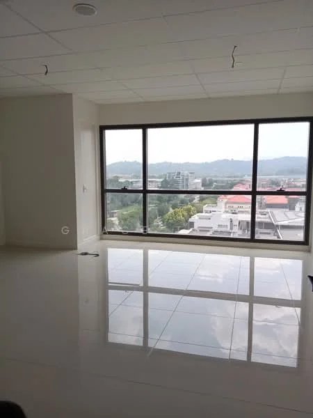 Room features: large floor-to-ceiling windows, white painted walls, glossy tile flooring, mountain view, city view, recessed ceiling lights, open layout, no visible furniture; style: modern; view: mountain.