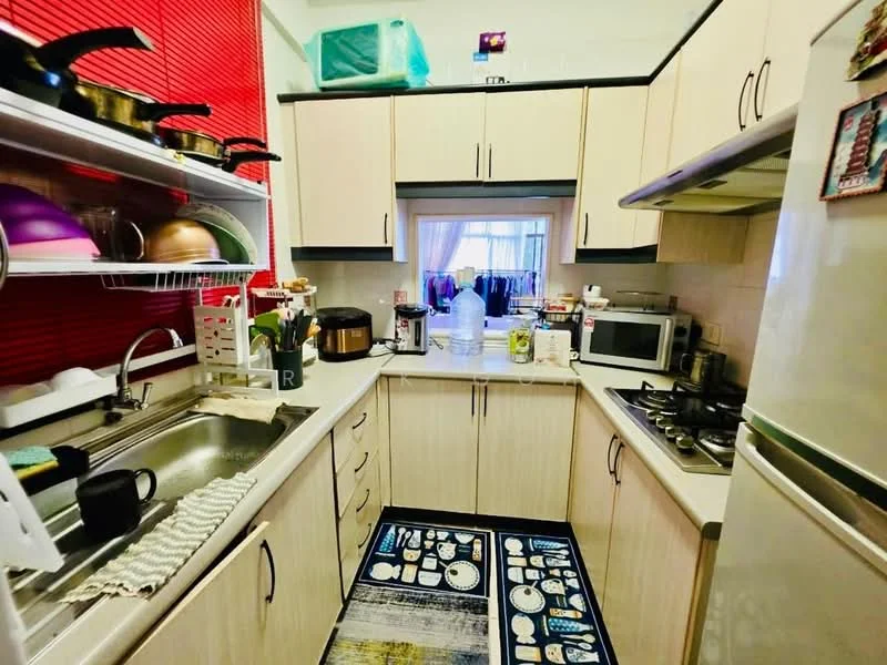 Kitchen features: single-bowl stainless-steel sink, chrome pull-down faucet, laminate countertop, white cabinetry, built-in microwave, freestanding range oven, stainless-steel range hood, ceramic tile flooring, refrigerator, kitchen rug with decorative pattern, open shelving, dish rack, various kitchen utensils and appliances; style: modern.