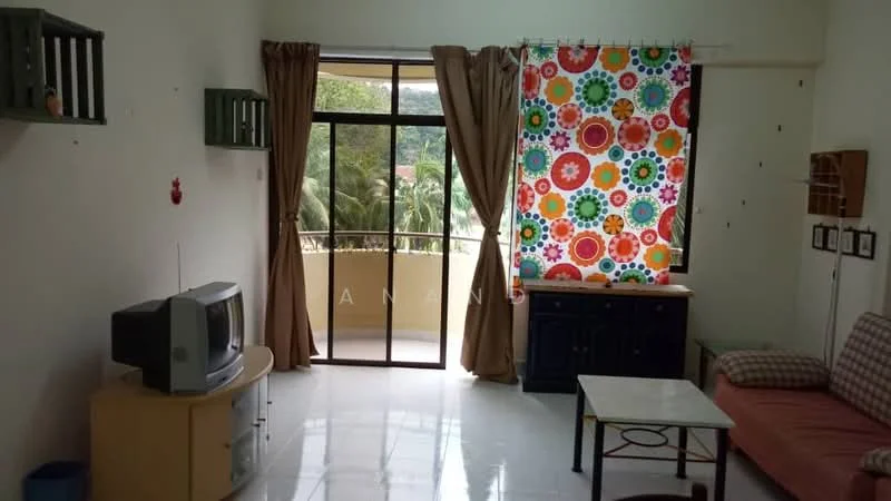 Living features: floor-to-ceiling windows, curtains with colorful floral pattern, white painted walls, glossy tile flooring, sofa with checkered pattern, coffee table, TV on stand, decorative wall shelves; view: garden.
