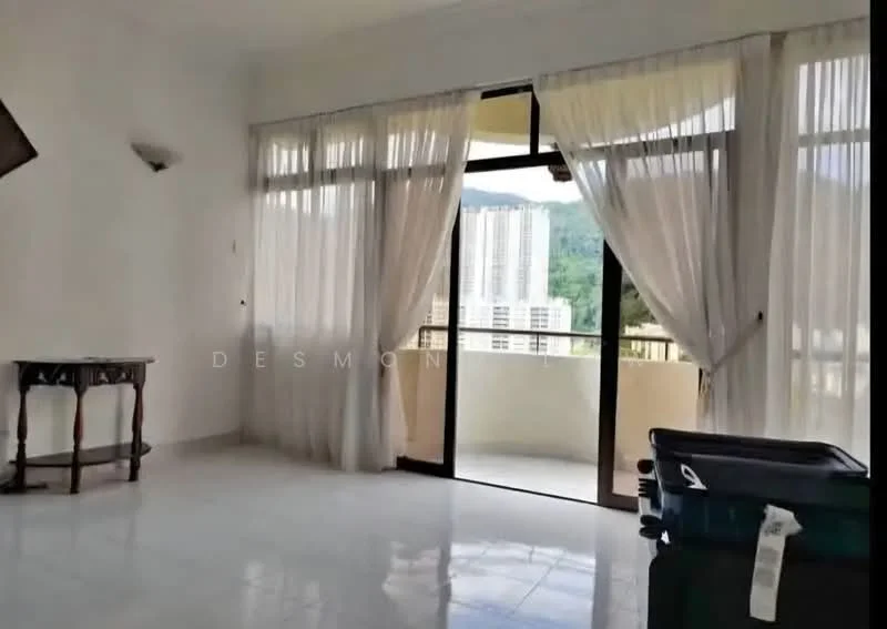 Living features: white painted walls, glossy tile flooring, floor-to-ceiling windows, sliding glass door, sheer curtains, balcony access, mountain view, decorative console table; view: mountain.