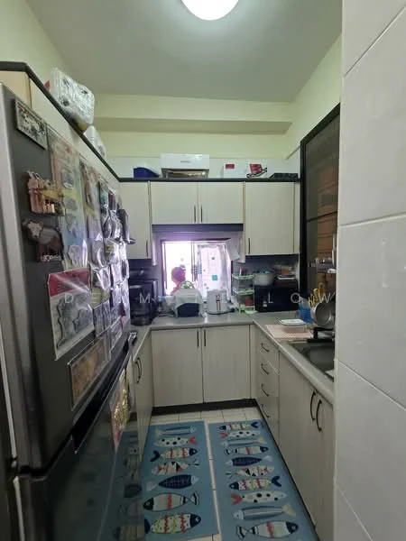 Kitchen features: stainless-steel fridge, black countertop, light wood cabinetry, white tiled backsplash, single-bowl stainless-steel sink, chrome pull-down faucet, built-in microwave, oven, ceramic tile flooring, recessed ceiling light, window above sink, decorative kitchen mat with fish pattern; style: modern.