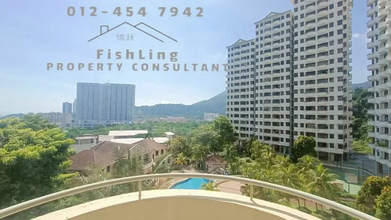 Exterior type: high-rise condominium; features: multiple high-rise buildings, balcony view, surrounding greenery, swimming pool visible, mountain view in background, urban skyline, well-maintained landscaping; style: modern.