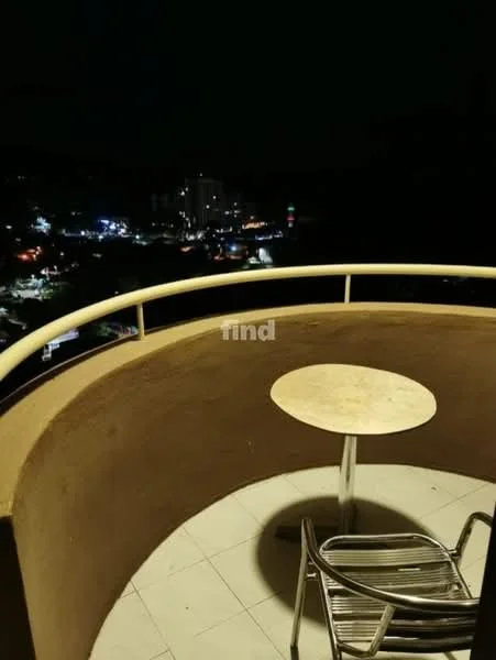 Balcony features: round table, metal chair, tile flooring, railing, city view, outdoor space; view: city.