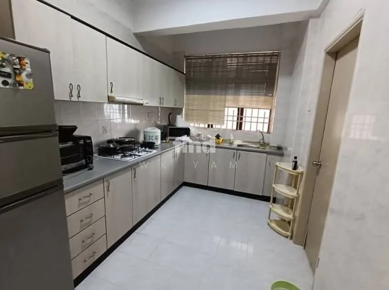 Kitchen features: light grey cabinetry, stainless-steel fridge, built-in gas stove, exhaust hood, white tiled backsplash, white marble countertop, double-basin sink, window with blinds, white tiled flooring, wall-mounted shelves, microwave, kitchen cart, cooking utensils, appliance storage; style: modern.