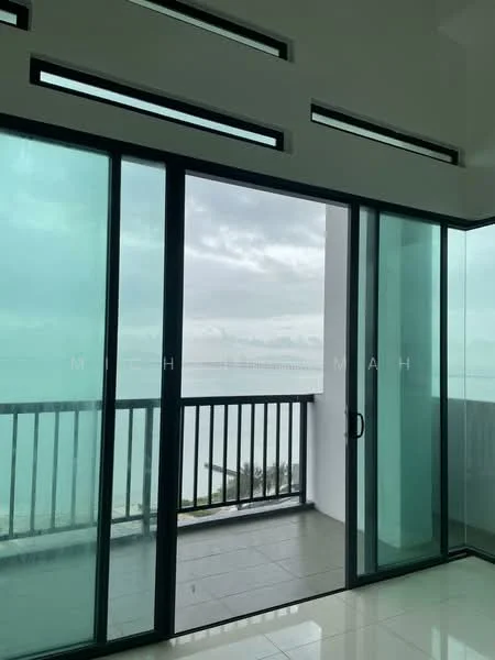 Room features: floor-to-ceiling glass doors, sliding glass door, balcony with railing, grey tiled flooring, white walls, large windows, sea view, natural light; style: modern; view: sea.