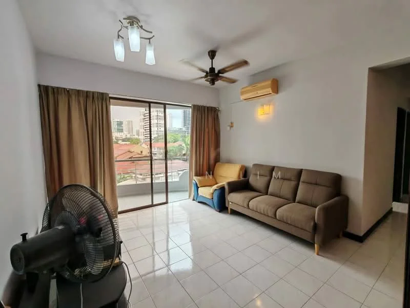 Living features: 3-seater fabric sofa in grey, 2-seater fabric sofa in blue, ceiling fan, 4-blade ceiling fan with light, floor-to-ceiling sliding glass door, curtains, tile flooring, wall-mounted air conditioning unit, decorative wall light, white painted walls, black trim around windows; style: modern; view: city.