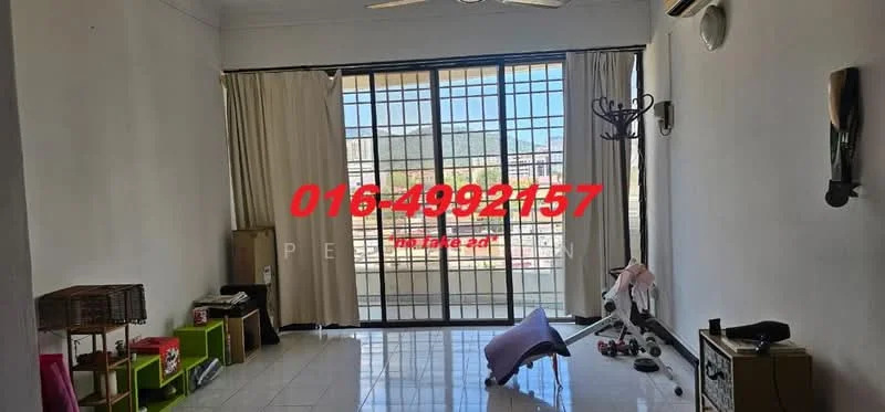 Living features: white painted walls, glossy tile flooring, 5-blade ceiling fan, floor-to-ceiling windows, sheer curtains, blackout curtains, wall-mounted coat rack, decorative wall sconce, open shelving unit, green storage boxes, children's toys, area rug, decorative throw pillow; style: modern; view: city.