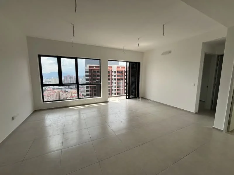 Living features: large floor-to-ceiling windows, neutral white painted walls, light grey tile flooring, no visible ceiling fixtures, open layout, city view through windows, smooth ceiling, minimalist design; style: modern; view: city.