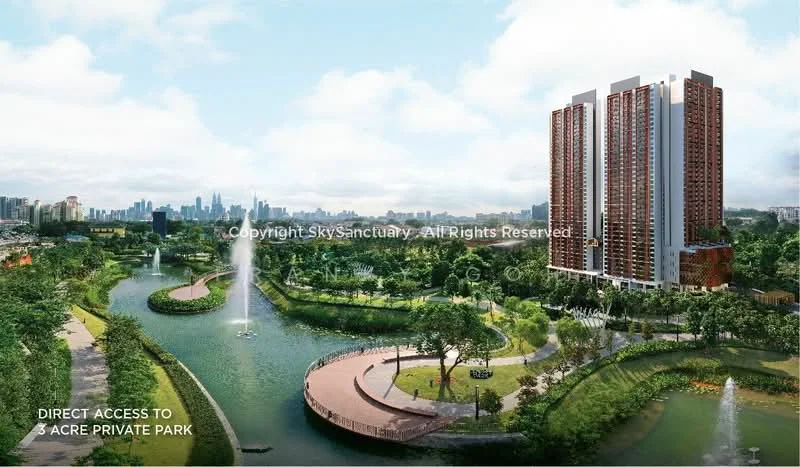 Exterior type: high-rise condominium; features: glass curtain wall, red brick facade, recessed balconies, surrounded by landscaped gardens, water features with fountains, walking paths, direct access to private park, manicured lawns, mature trees, urban skyline in background; style: modern.
