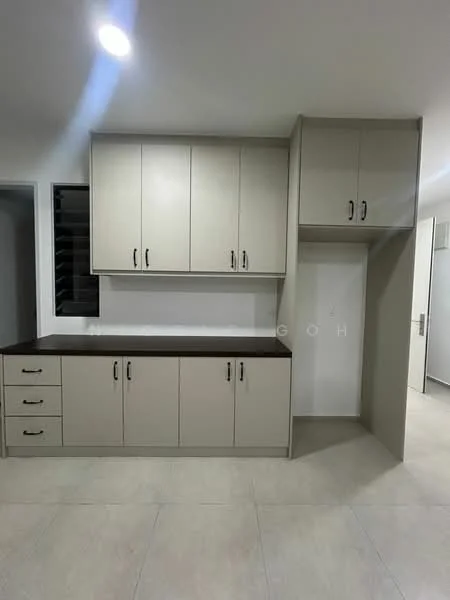 Room features: light beige cabinetry, dark brown countertop, four drawers, two upper cabinets, one open shelf, neutral wall color, tile flooring, recessed lighting; style: modern.