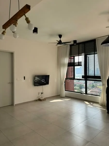 Living features: light grey tiled flooring, white painted walls, black ceiling fan, 5-blade ceiling fan with light, wall-mounted TV, floor-to-ceiling windows, sheer curtains, black pendant light, wooden beam with hanging bulbs, city view; style: modern; view: city.