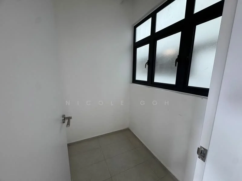 Room features: white painted walls, grey tiled flooring, large windows with black frames, single door, natural light from windows.