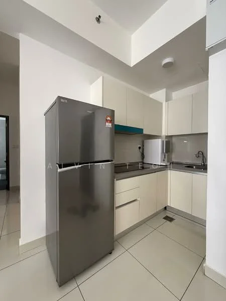 Kitchen features: stainless-steel fridge, single-bowl stainless-steel sink, chrome pull-down faucet, white cabinetry, grey countertop, ceramic tile flooring, wall-mounted microwave, built-in oven, blue backsplash, recessed downlights; style: modern.