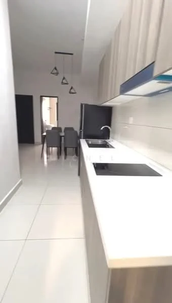 Kitchen features: white quartz countertop, stainless-steel single-bowl sink, chrome pull-down faucet, built-in induction cooktop, light wood cabinetry, white tiled backsplash, recessed downlights, open layout, large format tile flooring, pendant lighting, dining area visible in background; style: modern.