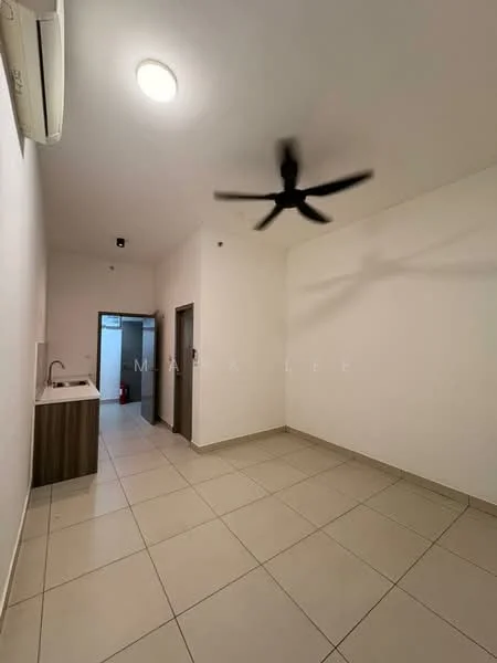 Room features: white painted walls, tile flooring, 5-blade ceiling fan, wall-mounted split AC, kitchenette with sink, wood cabinetry, doorway leading to another room, light fixture on ceiling.