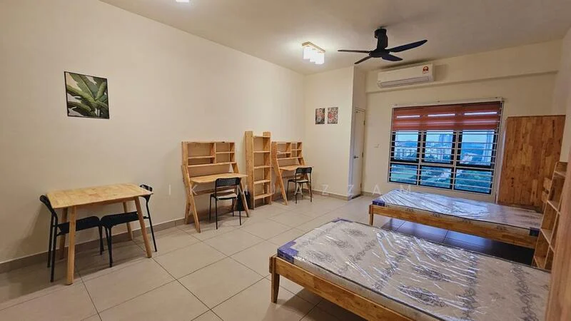 Room features: two single beds with wooden frames, wooden study table, two black chairs, built-in wooden shelving units, air conditioning unit, ceiling fan, large windows with blinds, grey tiled flooring, light beige painted walls; style: modern; view: city.