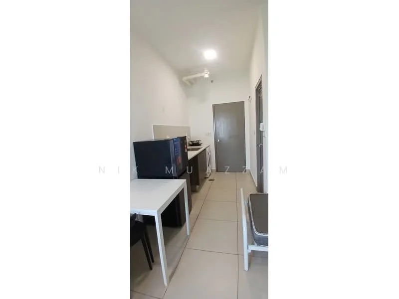 Kitchen features: white painted walls, tile flooring, ceiling with recessed lighting, kitchen cabinets, stainless-steel fridge, built-in stove, sink, dining table with chairs; style: modern.