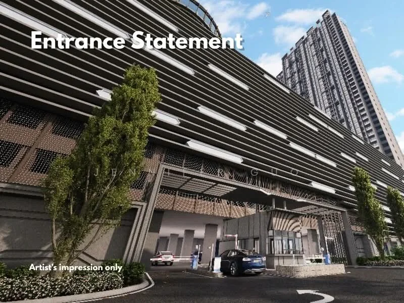 Exterior type: high-rise condominium; features: modern facade with horizontal slats, glass curtain wall, double-volume main lobby, porte cochère drop-off, security guard house at entrance, landscaped greenery, visible parking area, surrounded by urban context; style: modern.