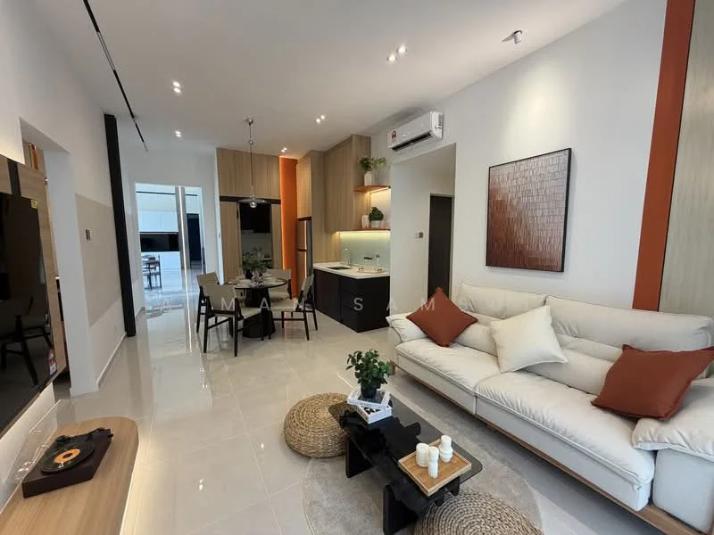 Living features: 3-seater fabric sofa in white, wooden coffee table, area rug with circular design, wall-mounted TV, recessed downlights, decorative wall art, greenery in ceramic pot, cream tiled flooring, air conditioning unit, accent wall in orange; style: modern. Kitchen features: kitchen island with bar stools, built-in cabinetry in wood finish, stainless-steel sink, chrome pull-down faucet, black countertop, refrigerator, oven, pendant lighting above island; style: modern.