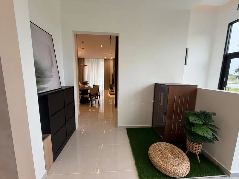 Room features: white painted walls, glossy tile flooring, recessed downlights, large windows, decorative plant, wooden cabinet, woven round mat, green carpet, open doorway, neutral color palette; style: modern.