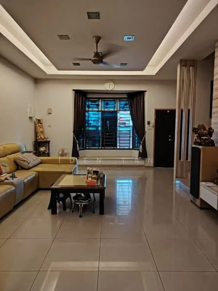 Living features: cream leather sectional sofa, coffee table, wall-mounted TV, recessed downlights, ceiling fan with light, large window with black curtains, white painted walls, glossy tile flooring, decorative wall paneling, clock on wall; style: modern.
