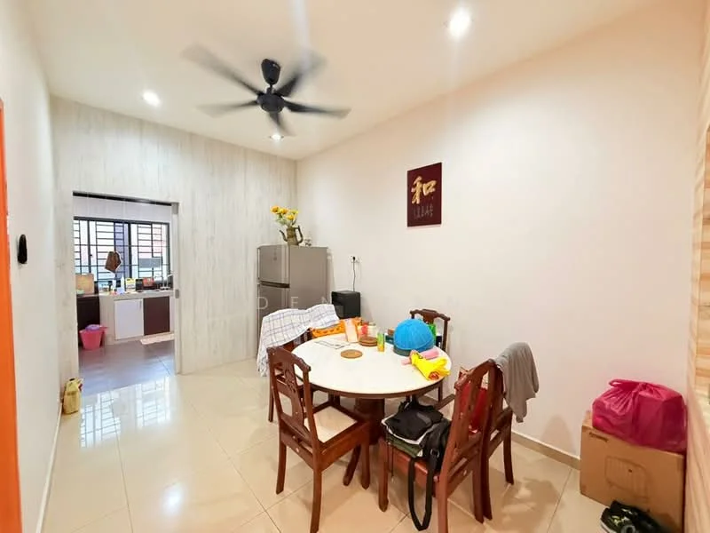 Dining features: round dining table, 4 wooden dining chairs, ceiling fan with light, white painted walls, glossy tile flooring, refrigerator, decorative wall art, window with natural light; style: modern. Kitchen features: kitchen cabinetry, countertop, sink, stove, wall-mounted shelves; style: modern.