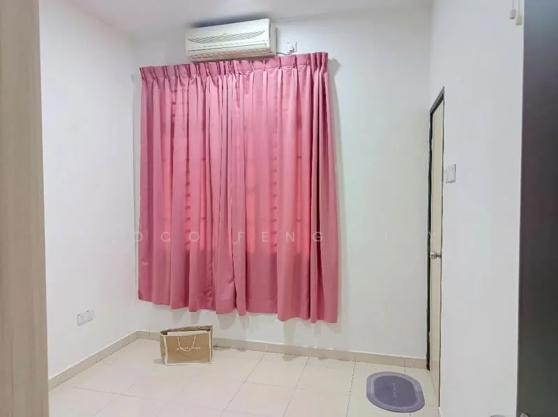 Room features: white painted walls, light-colored tiled flooring, pink curtains, air conditioning unit, single door, small area rug.