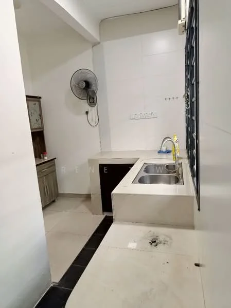 Kitchen features: single-bowl stainless-steel sink, chrome pull-down faucet, grey laminate countertop, white tiled backsplash, wood cabinetry, wall-mounted fan, ceramic tile flooring, white painted walls; style: modern.
