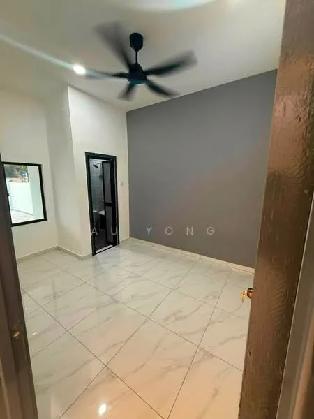 Room features: grey accent wall, white painted walls, marble tile flooring, 5-blade ceiling fan, floor-to-ceiling window, black framed door, recessed downlights; style: modern.