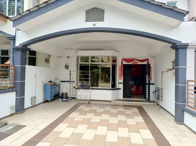 Exterior type: linked terrace house; features: arched entrance, tiled flooring with alternating patterns, white painted facade, glass windows, security grille at entrance, covered porch area, exposed concrete columns, decorative wall paneling, outdoor lighting fixtures; style: modern.