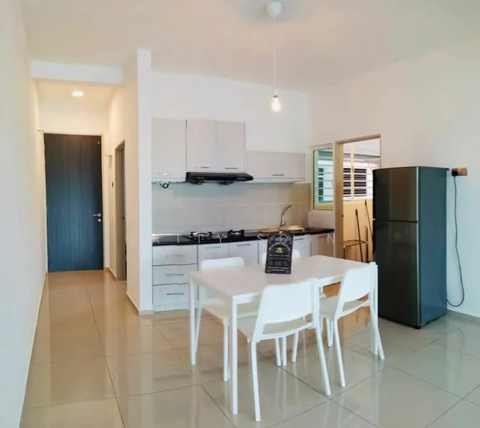 Kitchen features: white cabinetry, stainless-steel gas hob, stainless-steel range hood, black countertop, white tiled backsplash, fridge, 4-seater dining table with white chairs, pendant light, cream tiled flooring, window with grill, door leading to hallway; style: modern.