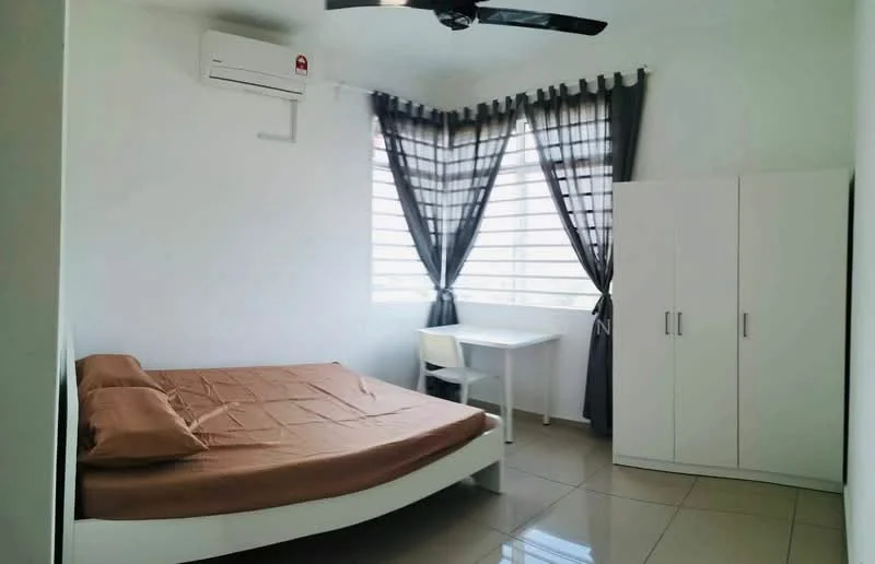 Bedroom features: queen-size bed with brown bedding, white painted walls, floor-to-ceiling windows with horizontal blinds, ceiling fan, wall-mounted split AC unit, white wardrobe with two doors, study desk with chair, glossy tile flooring; style: modern.