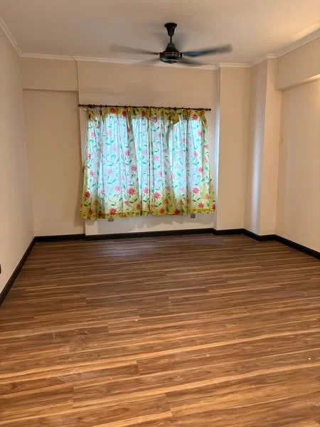 Room features: wooden flooring, cream painted walls, ceiling fan, curtains with floral pattern, window with natural light.