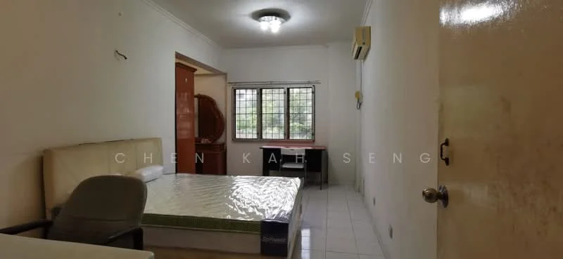 Bedroom features: single bed, mattress on bed frame, study desk, chair, window with grid, wall-mounted air conditioning unit, white painted walls, tile flooring, ceiling light fixture, door, built-in wardrobe.