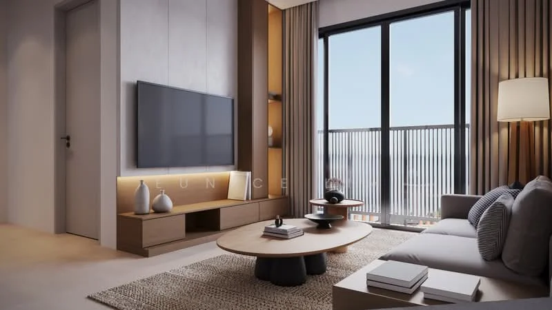 Living features: light grey fabric sofa, round coffee table, wooden TV console, wall-mounted flat-screen TV, decorative vases, table lamp, floor-to-ceiling windows, sheer curtains, wooden shelving unit, neutral wall color, textured area rug; style: modern; view: city.